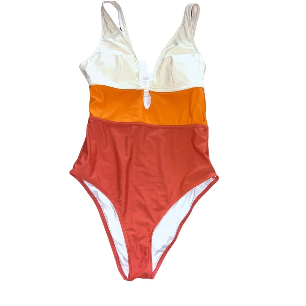 Cupshe Women's One Piece Swimsuit Medium  Orange White Color Block NWT